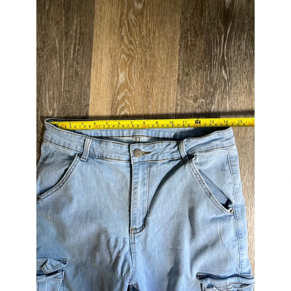 Romwe Cargo Jeans Womens 32 Light Blue Good Slim Tapered Multi Pocket Denim